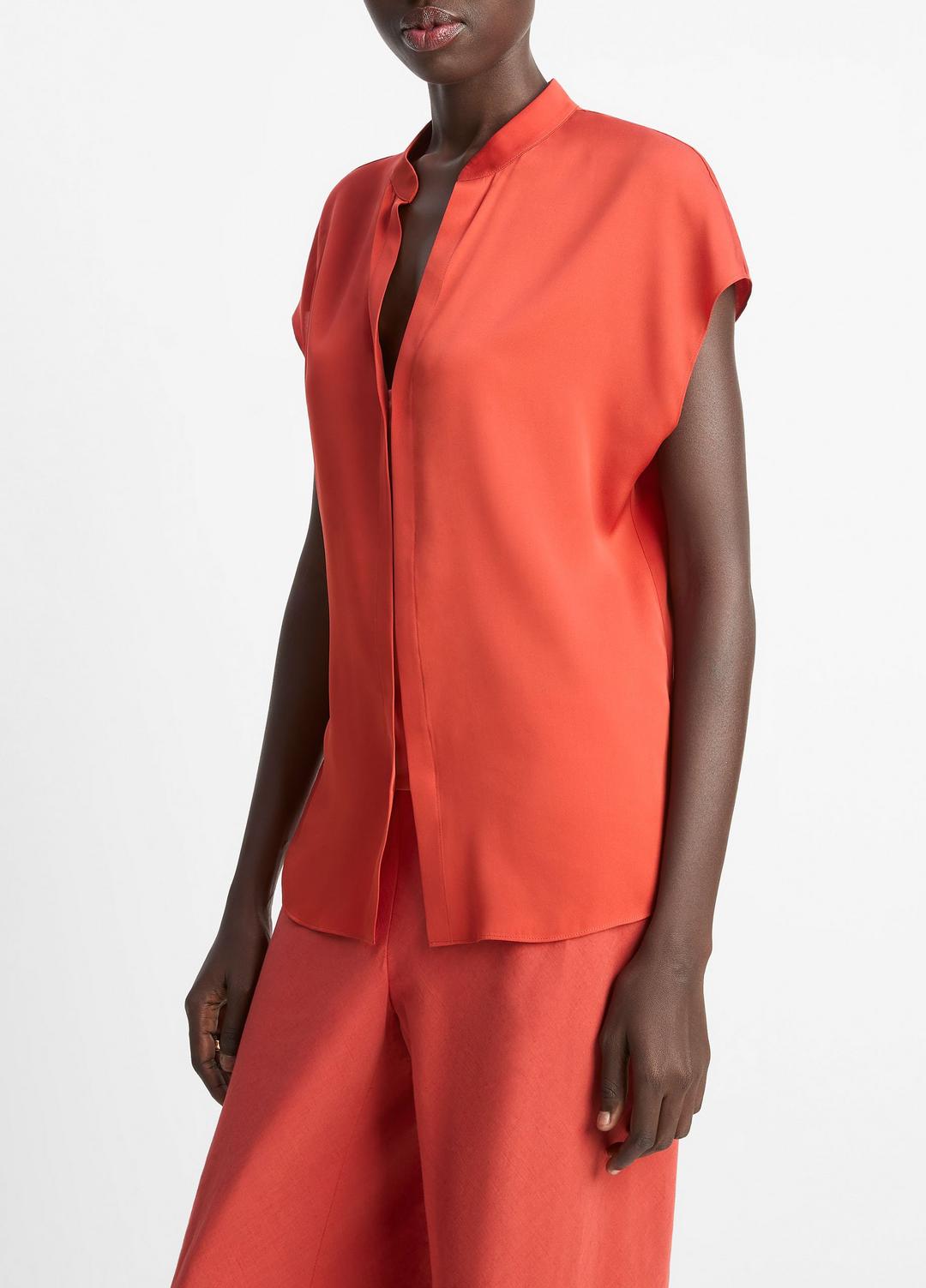 VINCE | Contrast-Placket Stretch-Silk Cap-Sleeve Blouse in Shirts & Tees - BRICK ROSE/RED