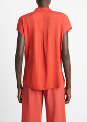 VINCE | Contrast-Placket Stretch-Silk Cap-Sleeve Blouse in Shirts & Tees - BRICK ROSE/RED