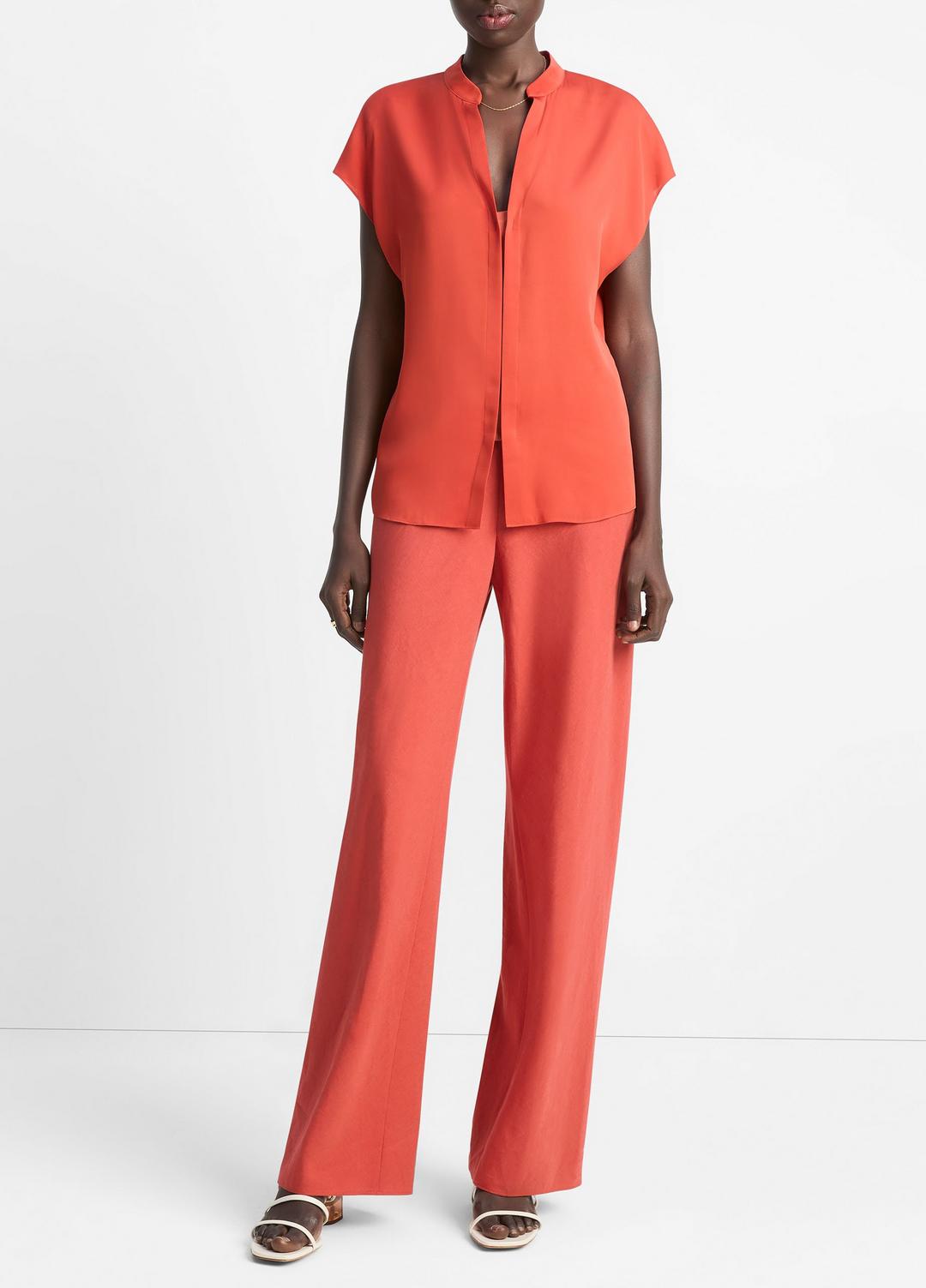 VINCE | Contrast-Placket Stretch-Silk Cap-Sleeve Blouse in Shirts & Tees - BRICK ROSE/RED