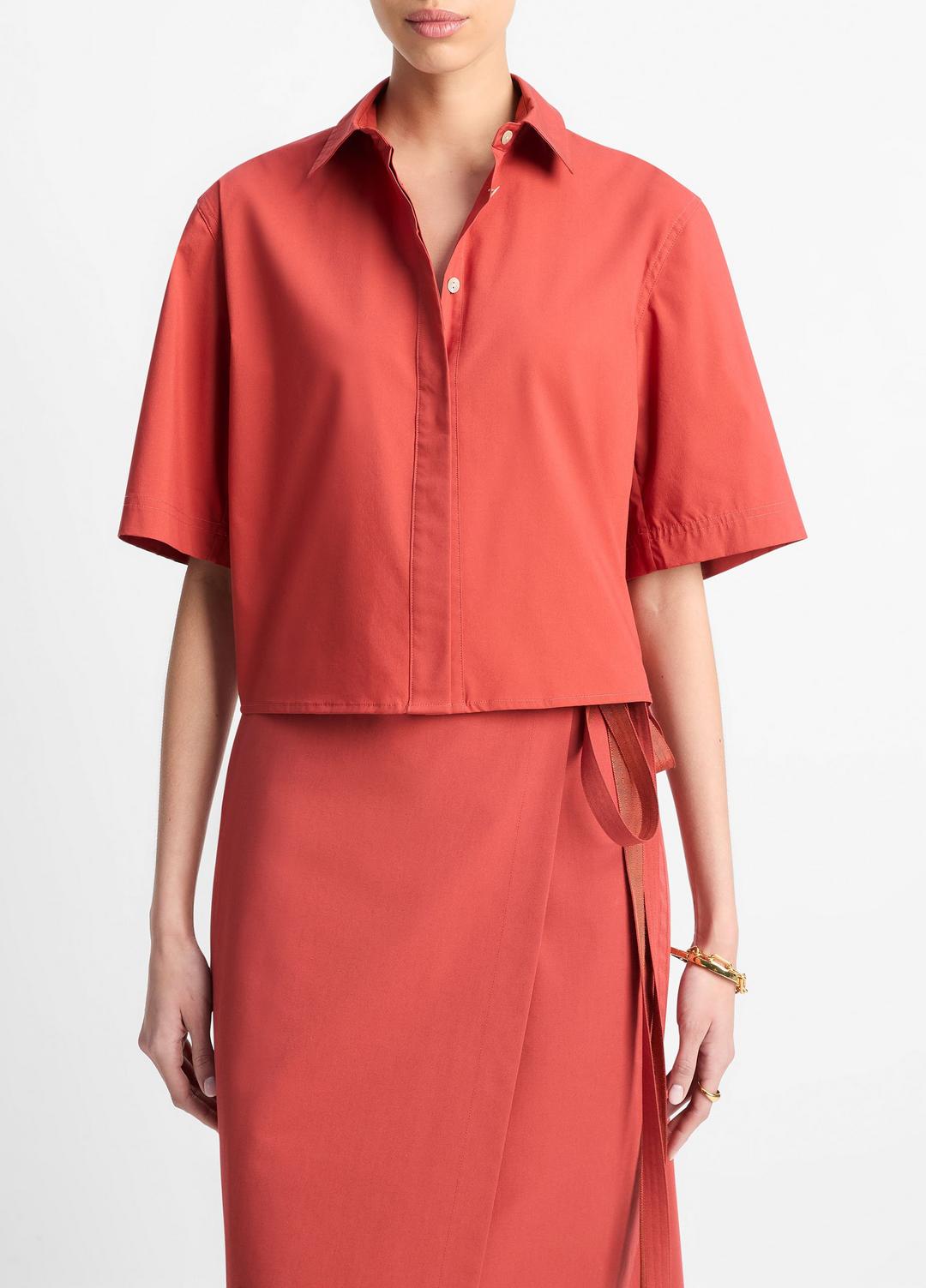 VINCE | Cotton Short-Sleeve Cropped Shirt in Shirts & Tees - BRICK ROSE