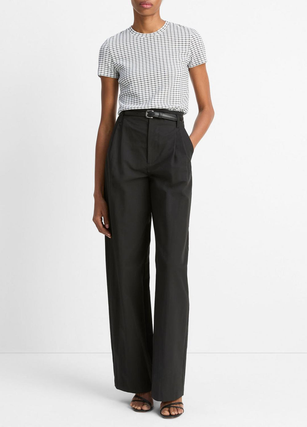 VINCE | Checked Smocked T-Shirt in Shirts & Tees - BLACK COMBO