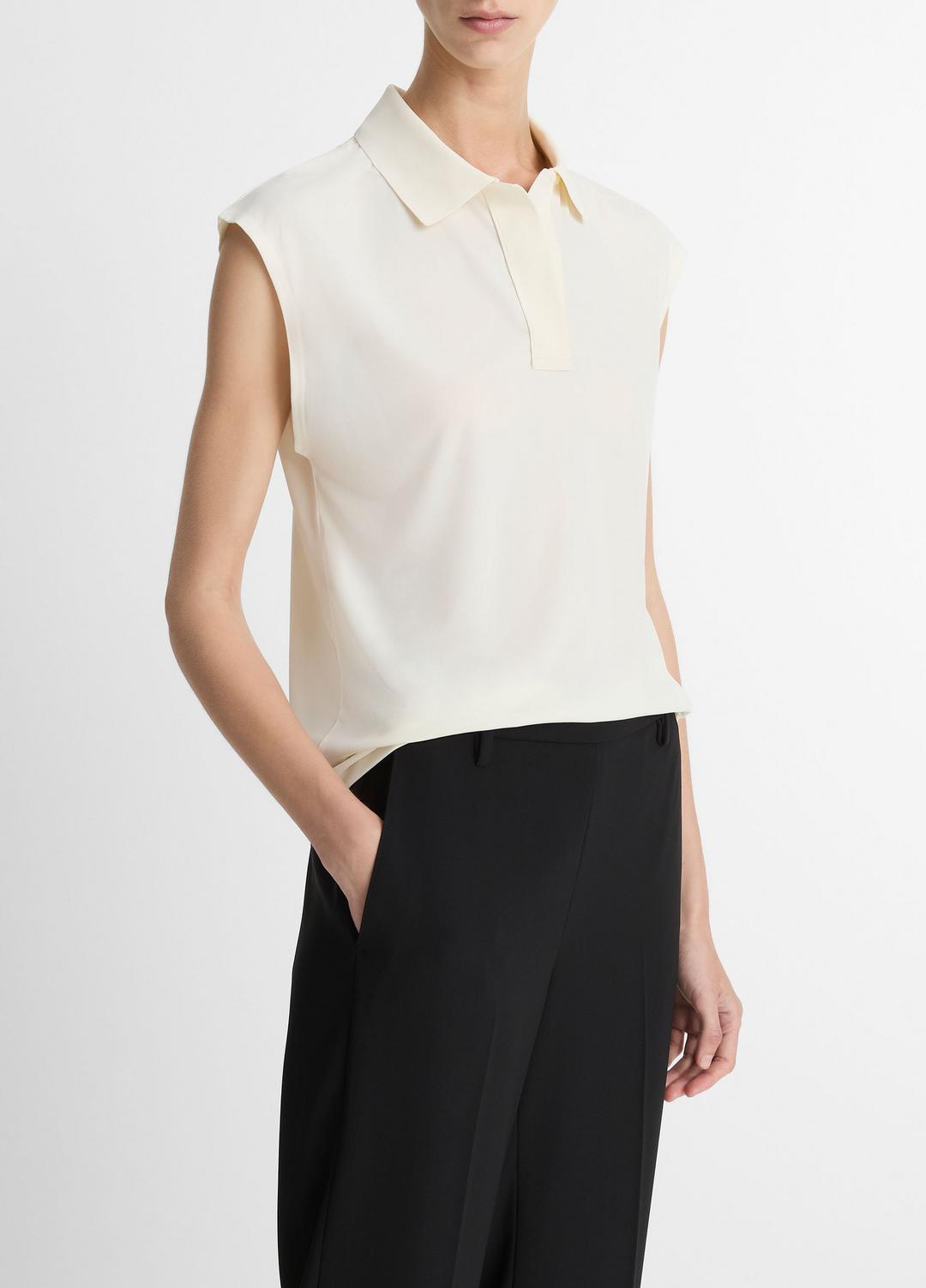 VINCE | Matte Jersey Cap-Sleeve Polo Top in Shirts & Tees - IVORY