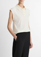 VINCE | Matte Jersey Cap-Sleeve Polo Top in Shirts & Tees - IVORY