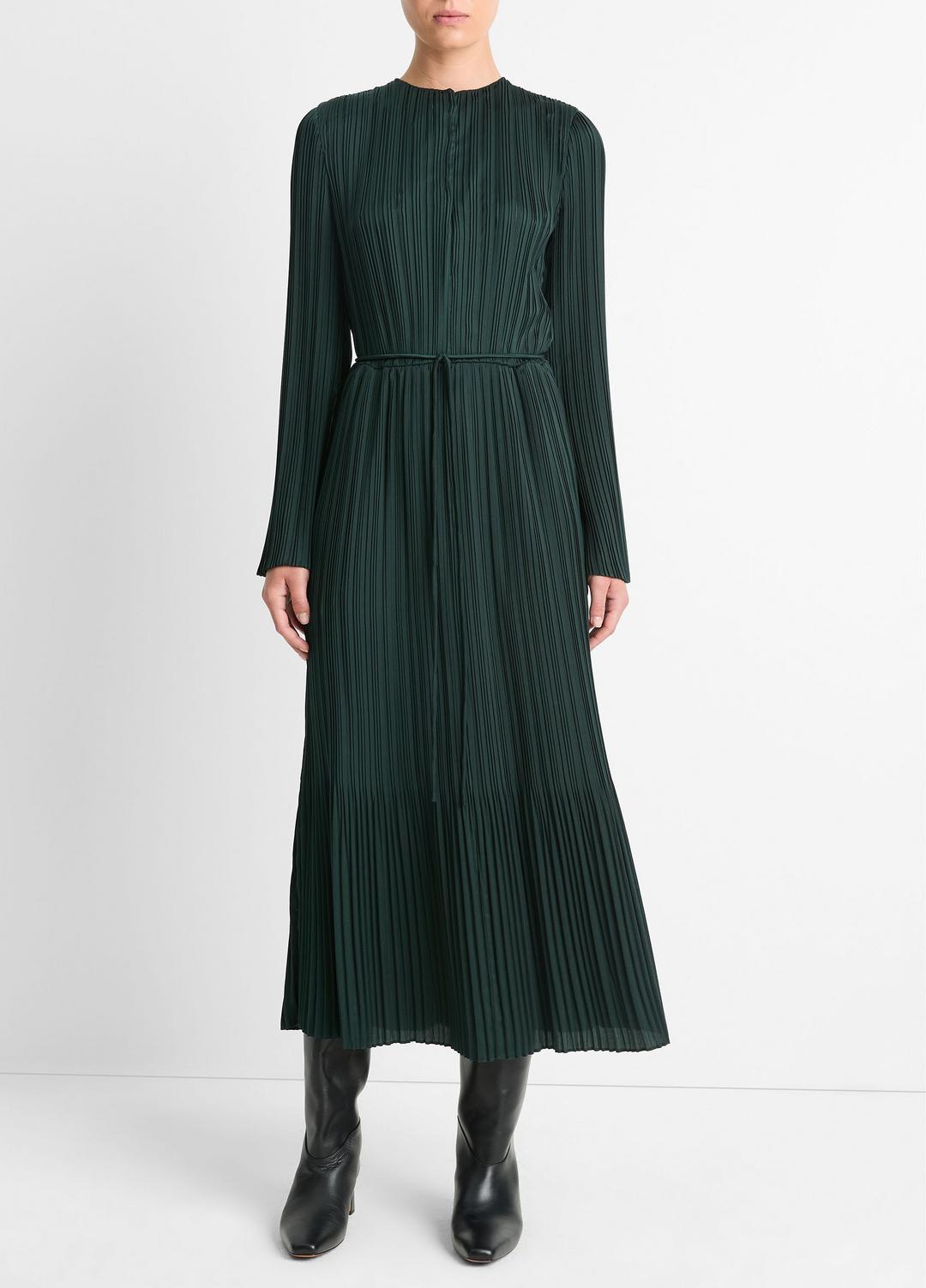 VINCE | Pleated Satin Long-Sleeve Dress in Dresses & Skirts - MARINE PINE