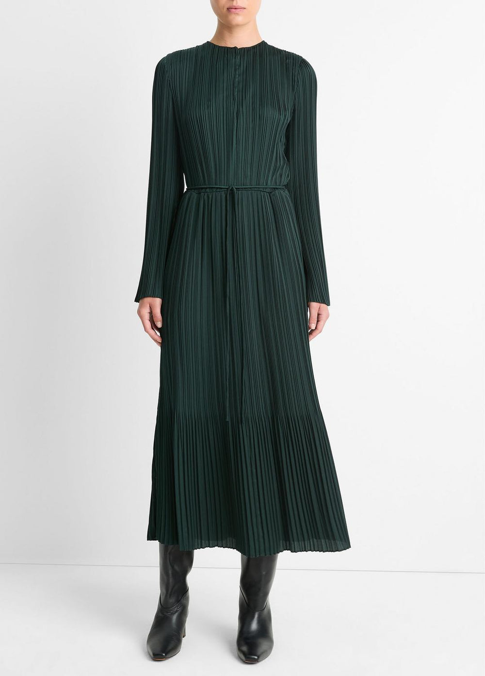 VINCE | Pleated Satin Long-Sleeve Dress in Dresses & Skirts - MARINE PINE