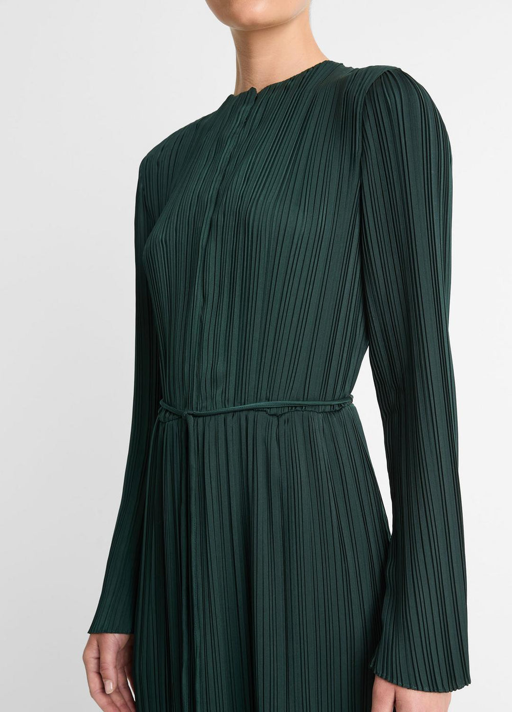 VINCE | Pleated Satin Long-Sleeve Dress in Dresses & Skirts - MARINE PINE