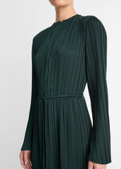 VINCE | Pleated Satin Long-Sleeve Dress in Dresses & Skirts - MARINE PINE