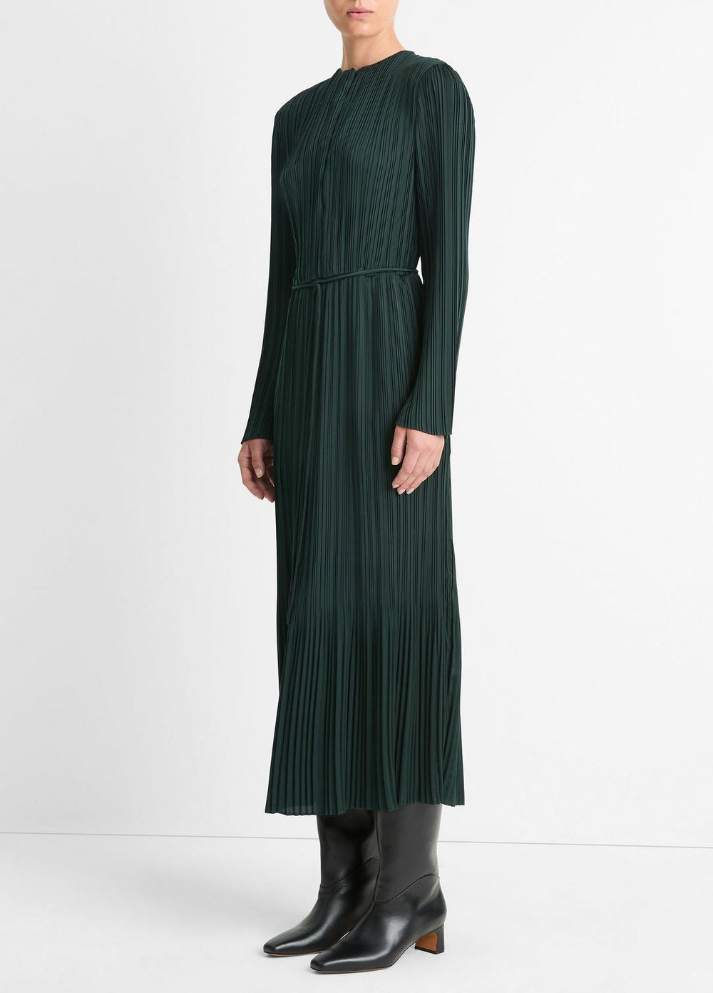 VINCE | Pleated Satin Long-Sleeve Dress in Dresses & Skirts - MARINE PINE