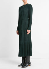 VINCE | Pleated Satin Long-Sleeve Dress in Dresses & Skirts - MARINE PINE