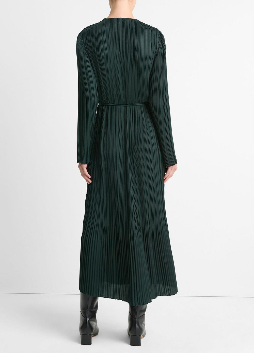 VINCE | Pleated Satin Long-Sleeve Dress in Dresses & Skirts - MARINE PINE