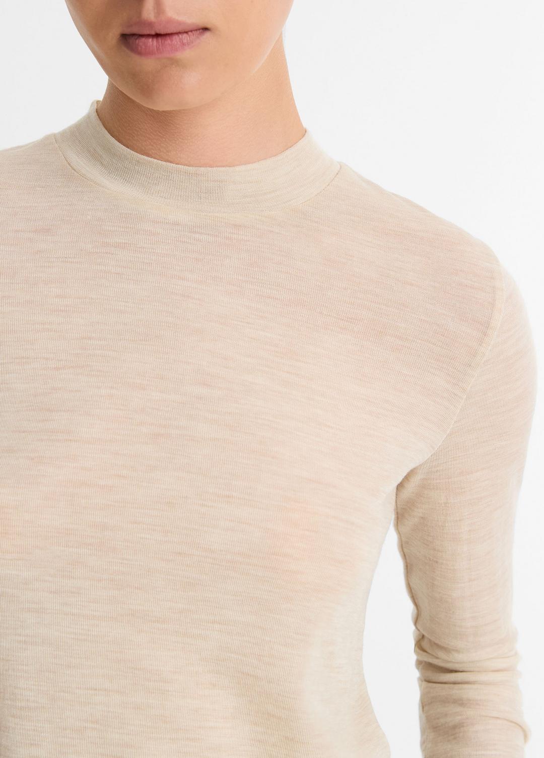 VINCE | Wool Three-Quarter-Sleeve Mock-Neck Top in Shirts & Tees - LIGHT HEATHER ECRU