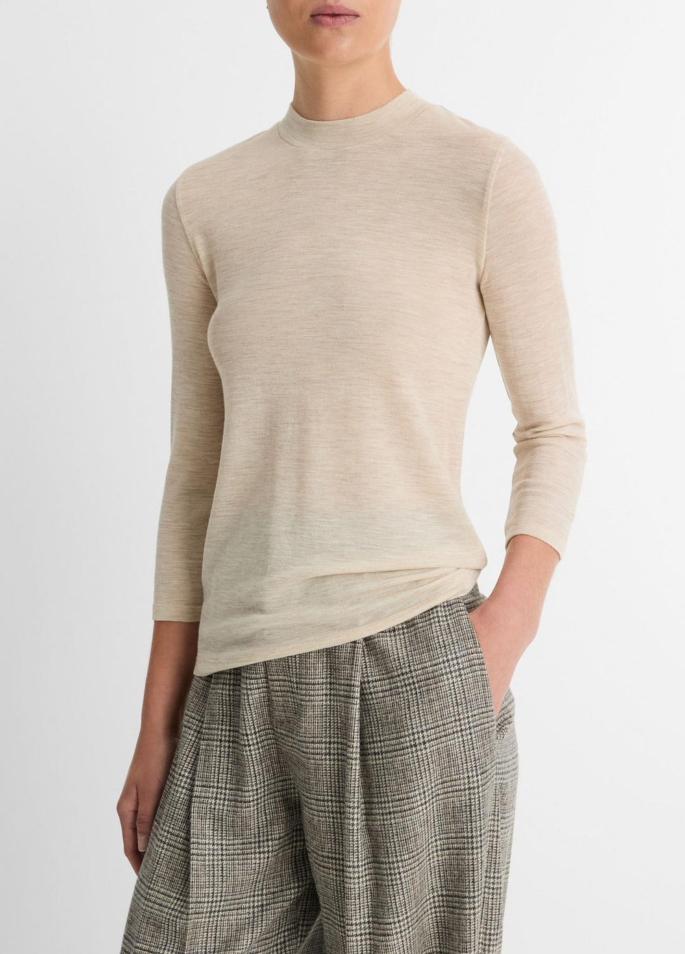 VINCE | Wool Three-Quarter-Sleeve Mock-Neck Top in Shirts & Tees - LIGHT HEATHER ECRU