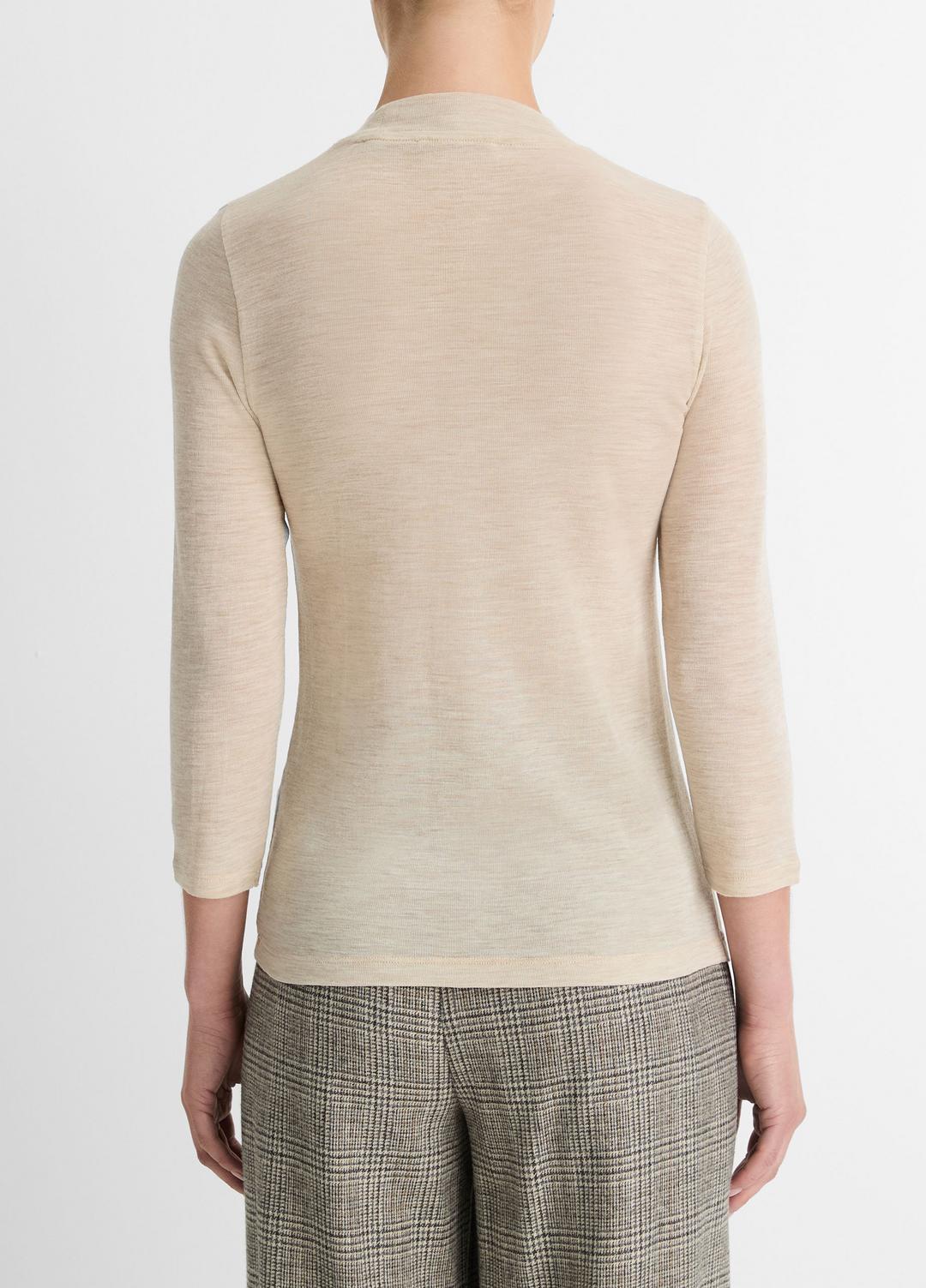 VINCE | Wool Three-Quarter-Sleeve Mock-Neck Top in Shirts & Tees - LIGHT HEATHER ECRU