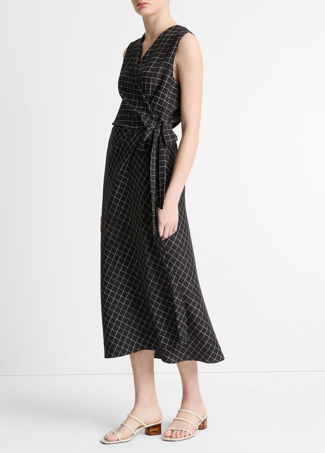 VINCE | Trellis Plaid Draped Sleeveless Wrap Dress in Dresses & Skirts - BLACK/CREAM
