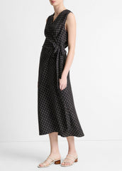 VINCE | Trellis Plaid Draped Sleeveless Wrap Dress in Dresses & Skirts - BLACK/CREAM