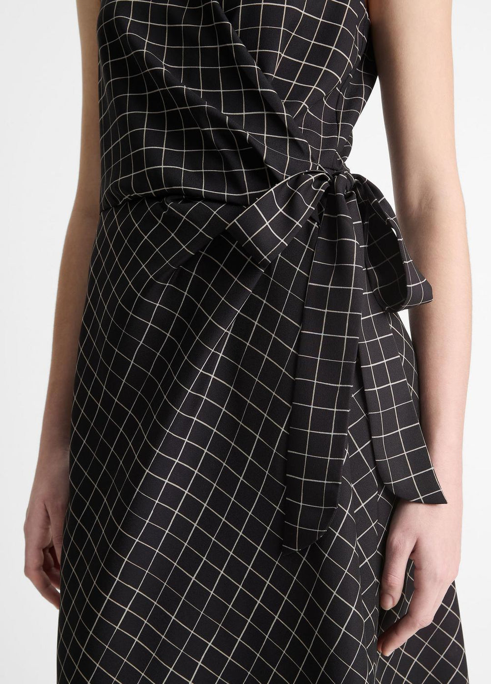 VINCE | Trellis Plaid Draped Sleeveless Wrap Dress in Dresses & Skirts - BLACK/CREAM