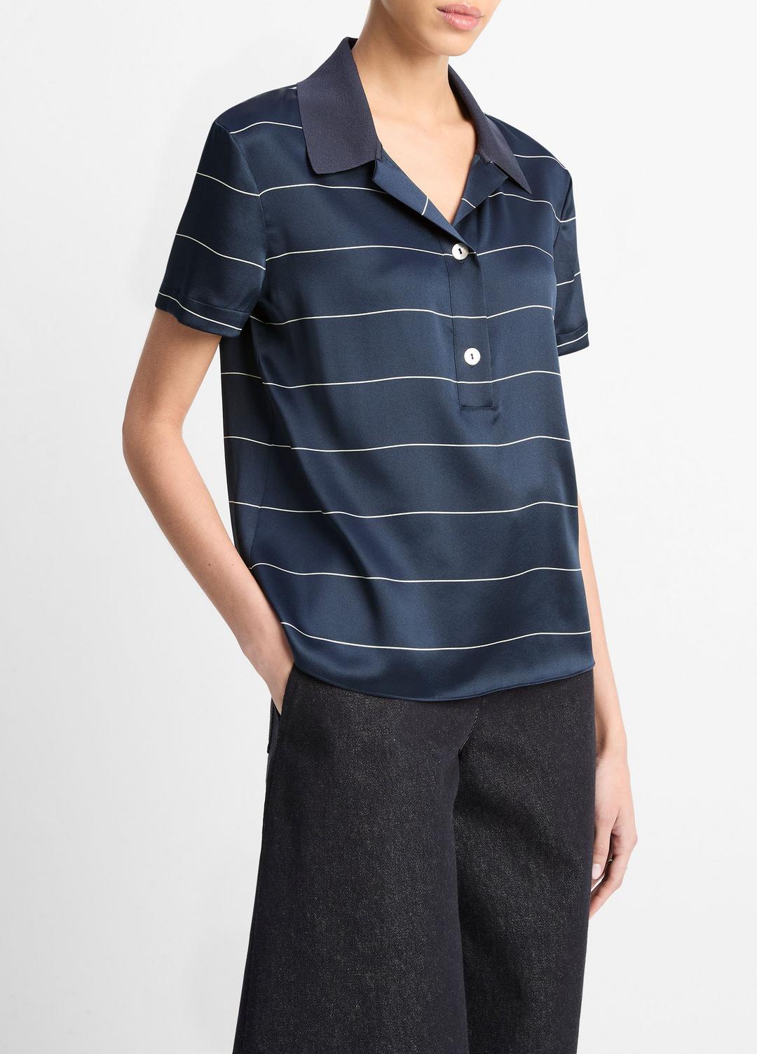 VINCE | Knit-Collar Striped Silk Polo Shirt in Shirts & Tees - COASTAL BLUE/CREAM