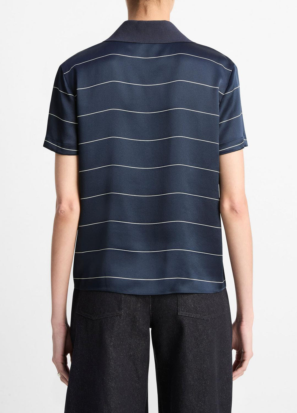 VINCE | Knit-Collar Striped Silk Polo Shirt in Shirts & Tees - COASTAL BLUE/CREAM