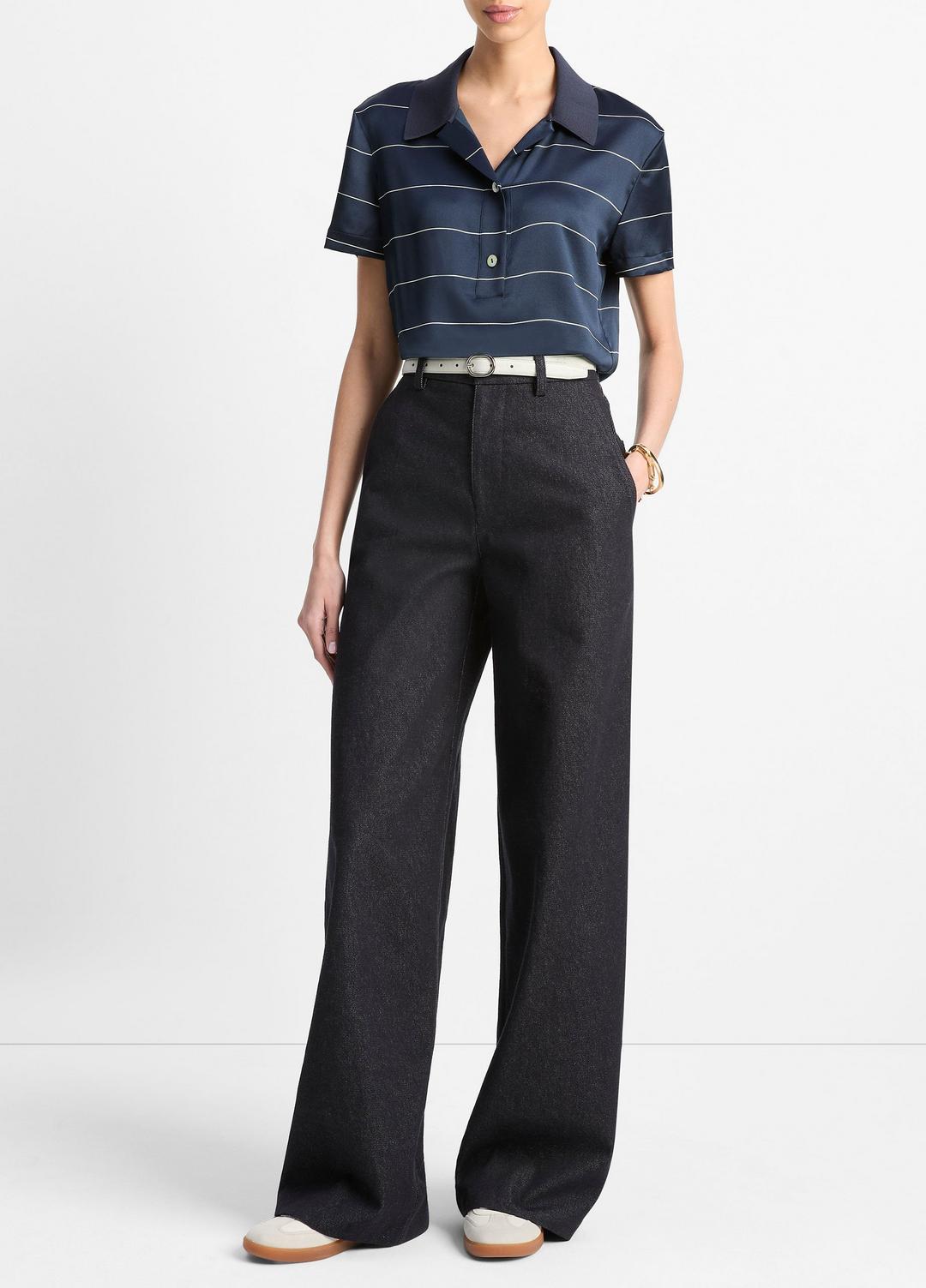 VINCE | Knit-Collar Striped Silk Polo Shirt in Shirts & Tees - COASTAL BLUE/CREAM