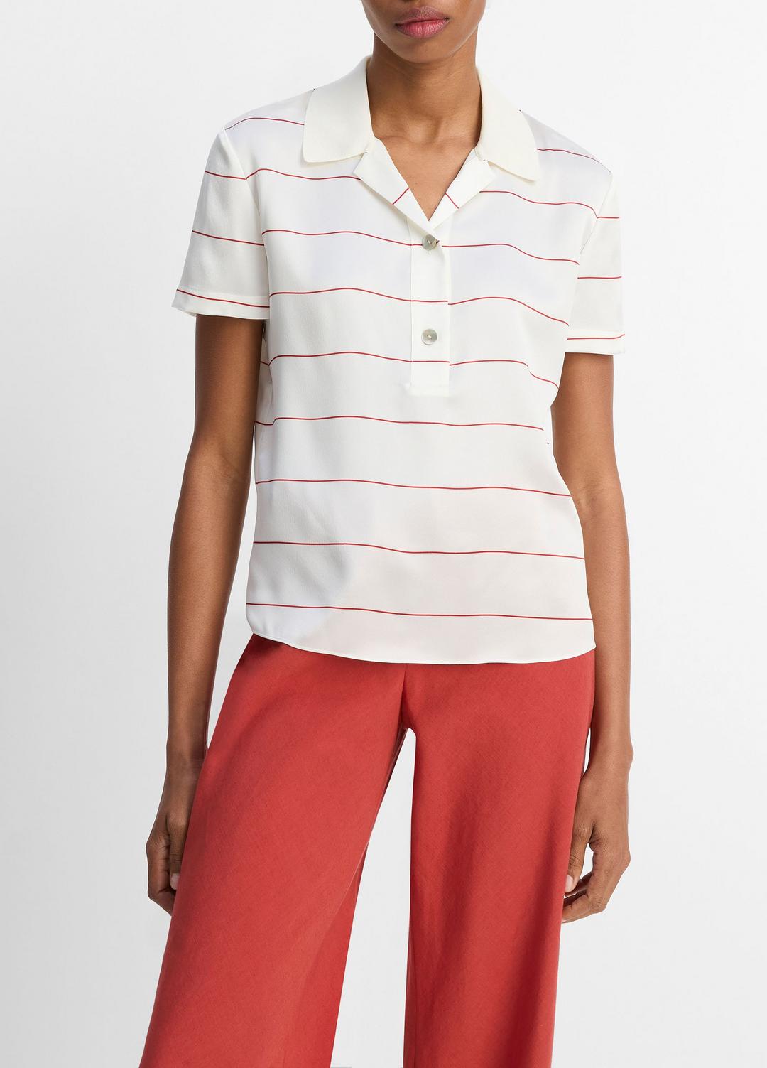 VINCE | Knit-Collar Striped Silk Polo Shirt in Shirts & Tees - CREAM/BRICK ROSE