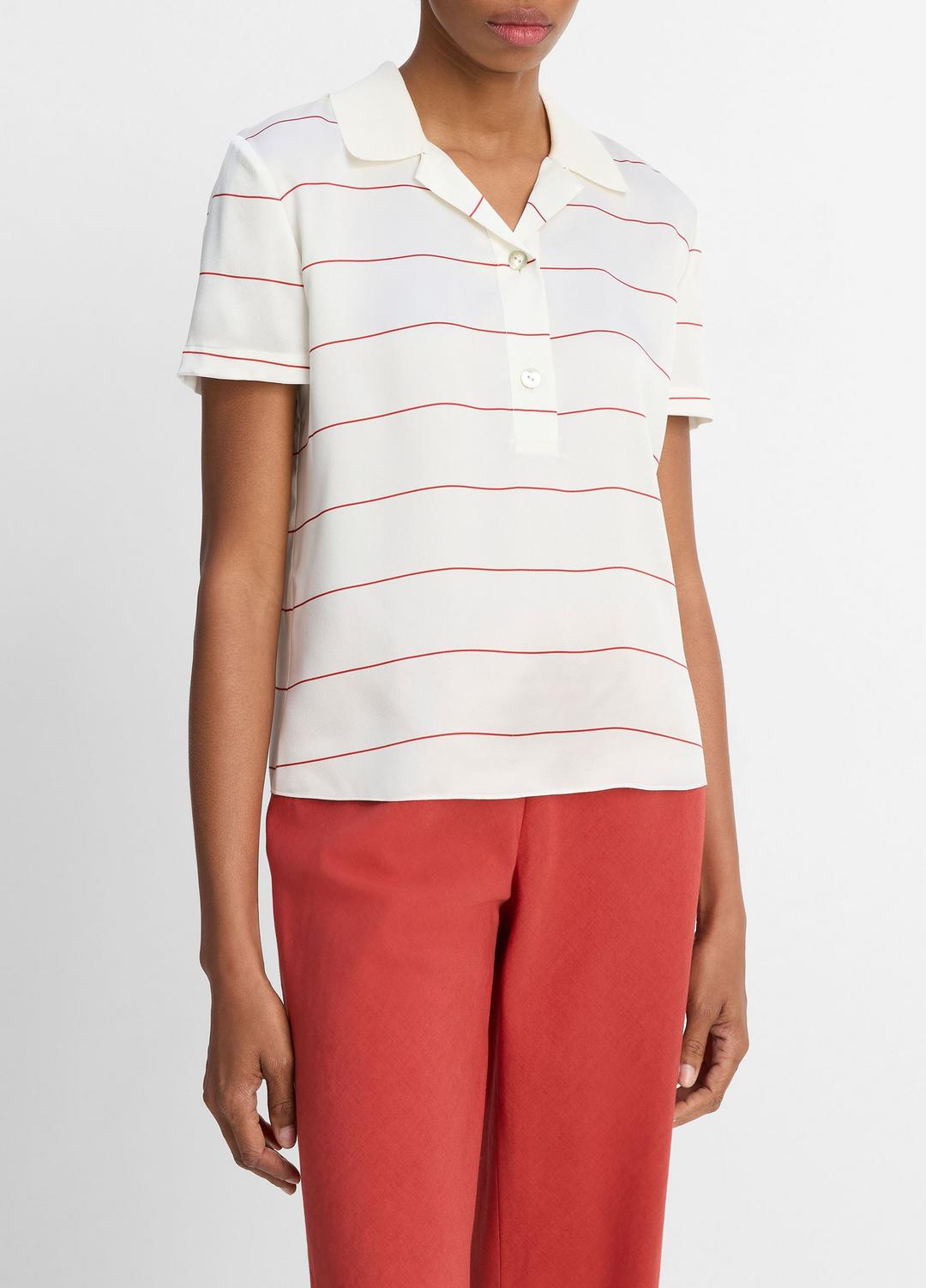 VINCE | Knit-Collar Striped Silk Polo Shirt in Shirts & Tees - CREAM/BRICK ROSE