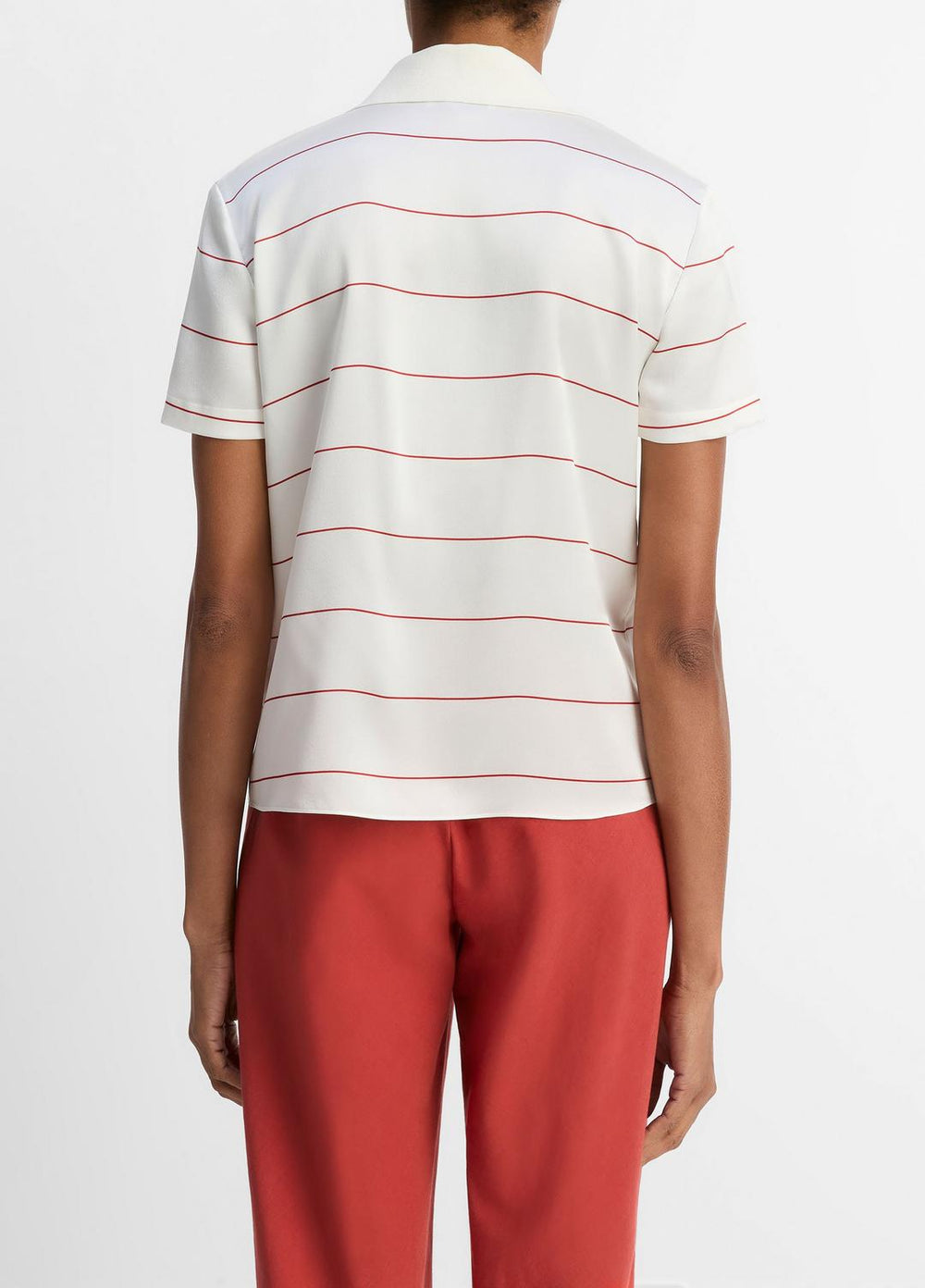 VINCE | Knit-Collar Striped Silk Polo Shirt in Shirts & Tees - CREAM/BRICK ROSE