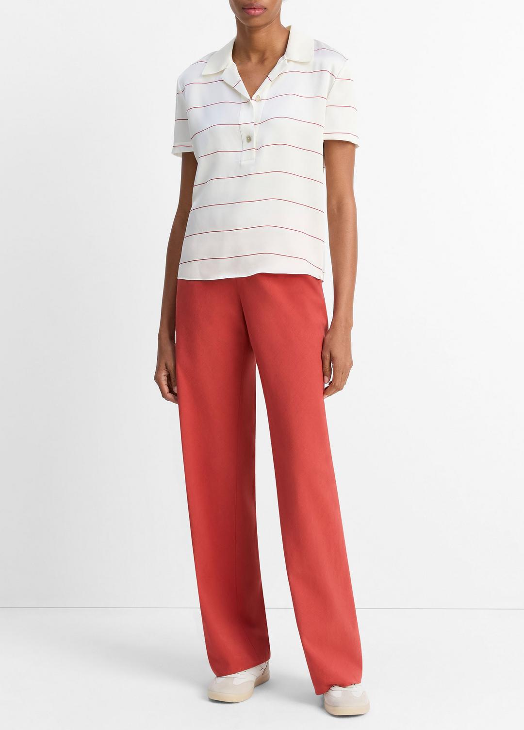 VINCE | Knit-Collar Striped Silk Polo Shirt in Shirts & Tees - CREAM/BRICK ROSE