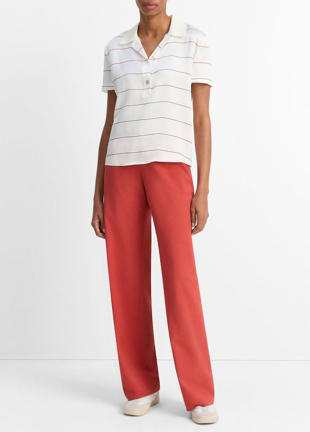 VINCE | Knit-Collar Striped Silk Polo Shirt in Shirts & Tees - CREAM/BRICK ROSE