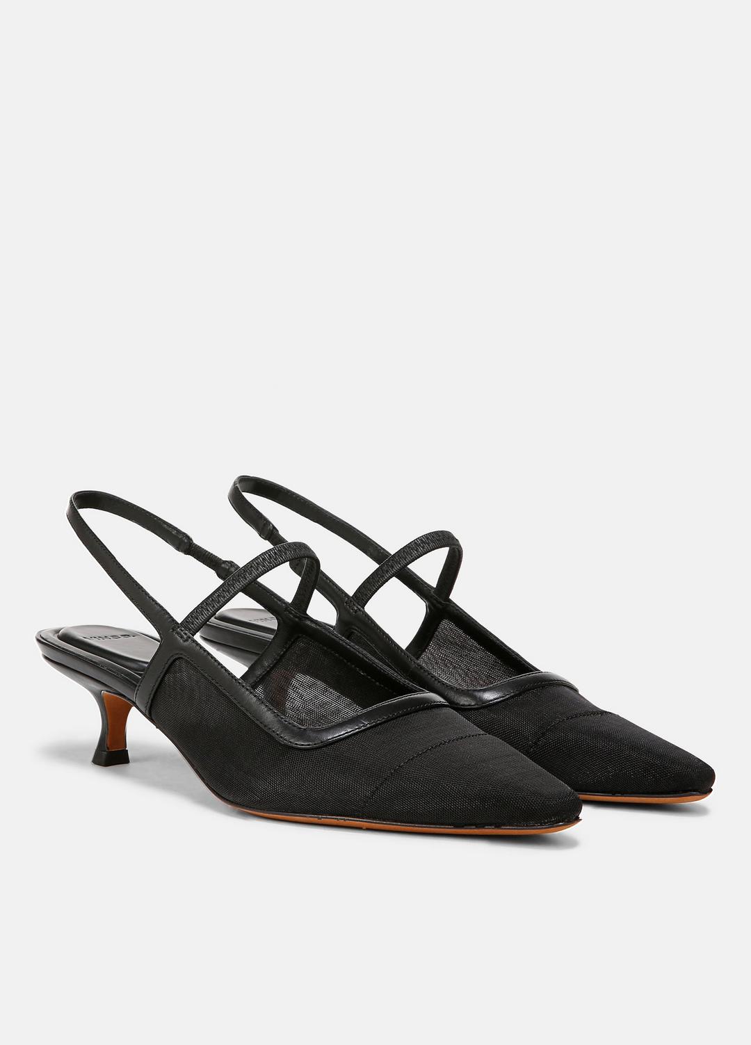 VINCE | Venice Leather and Mesh Slingback Kitten Heel in Shoes - BLACK