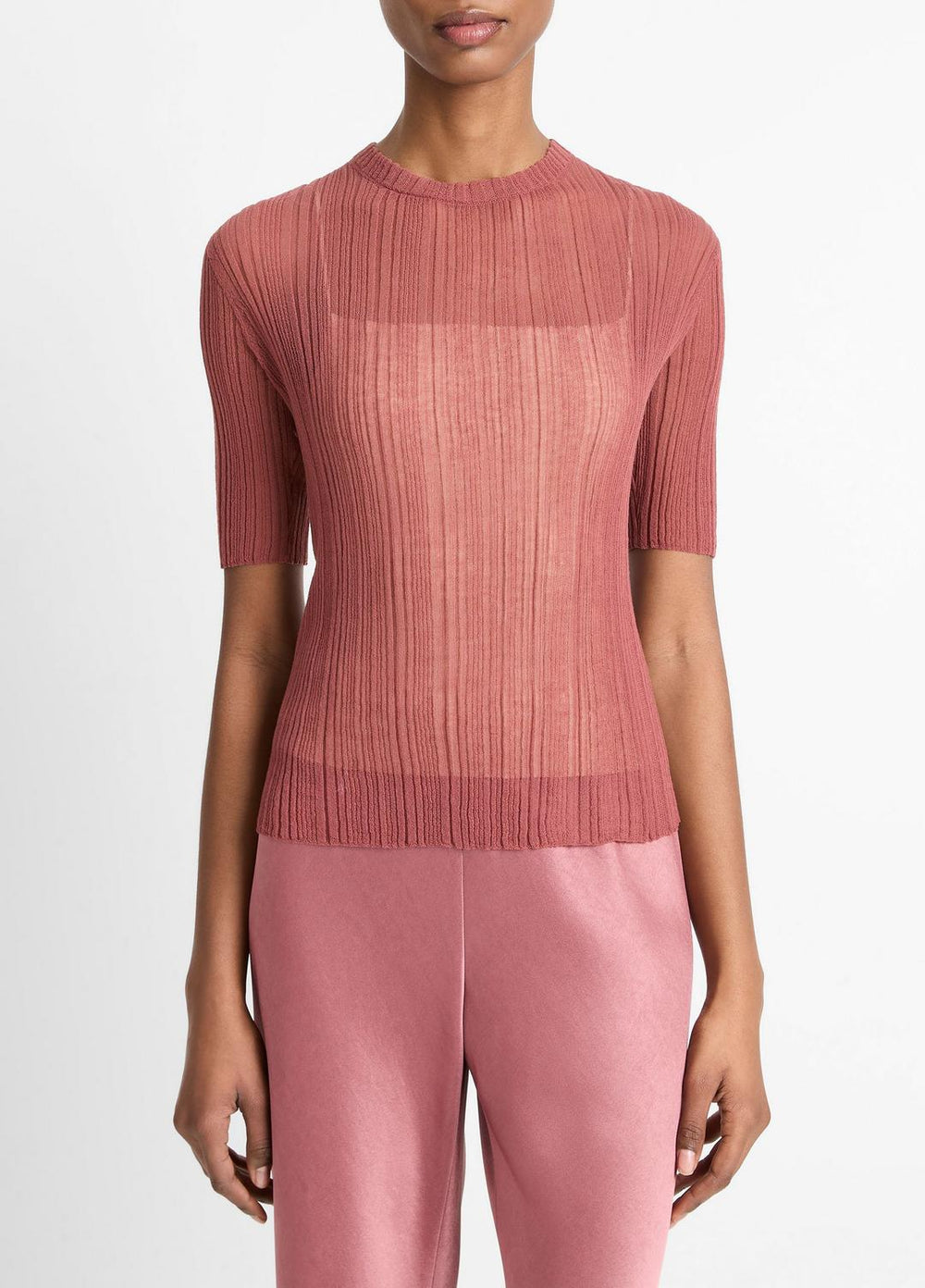 VINCE | Italian Cotton-Blend Double-Layer Top in Sweaters - ROSE JAM/SABBIA