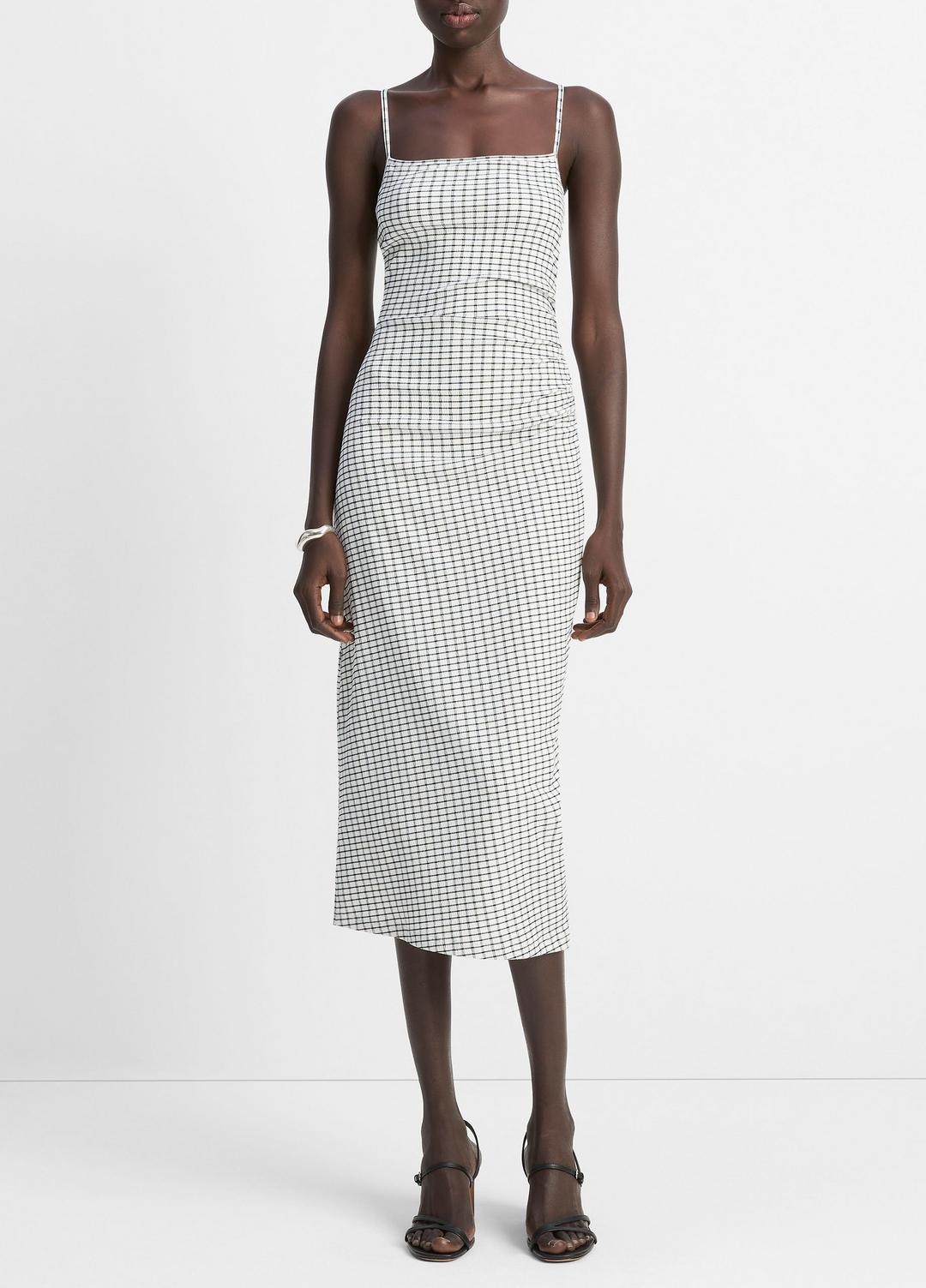 VINCE | Checked Smocked Tank Dress in Dresses & Skirts - BLACK COMBO