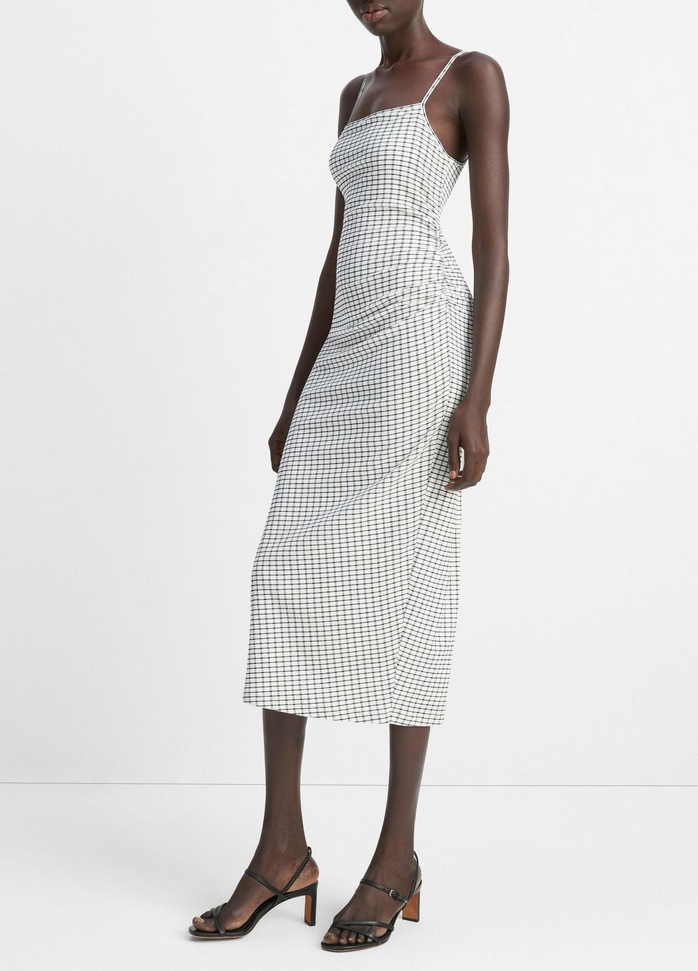 VINCE | Checked Smocked Tank Dress in Dresses & Skirts - BLACK COMBO