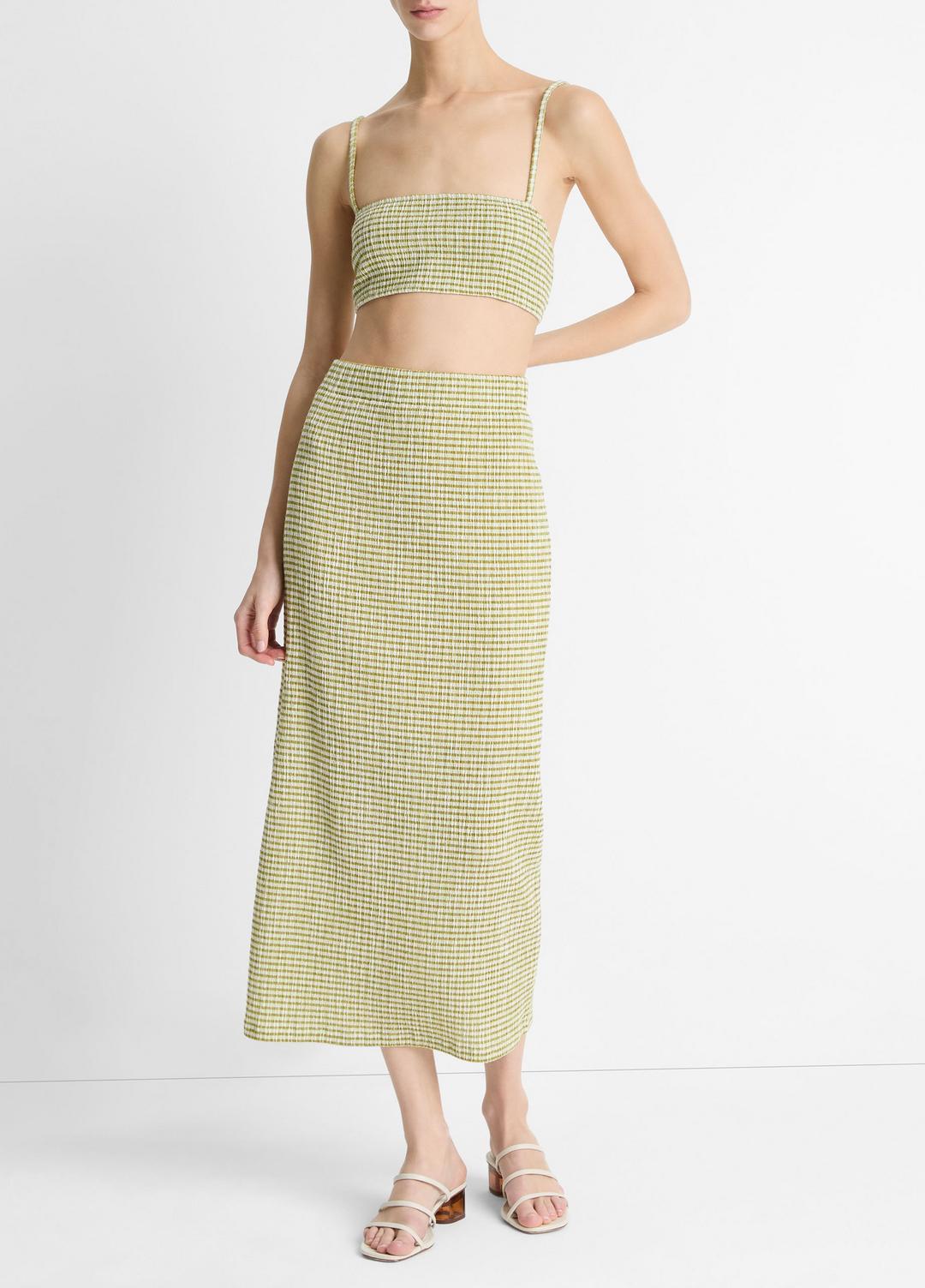 VINCE | Checked Smocked Midi Skirt in Dresses & Skirts - HERBARIA COMBO