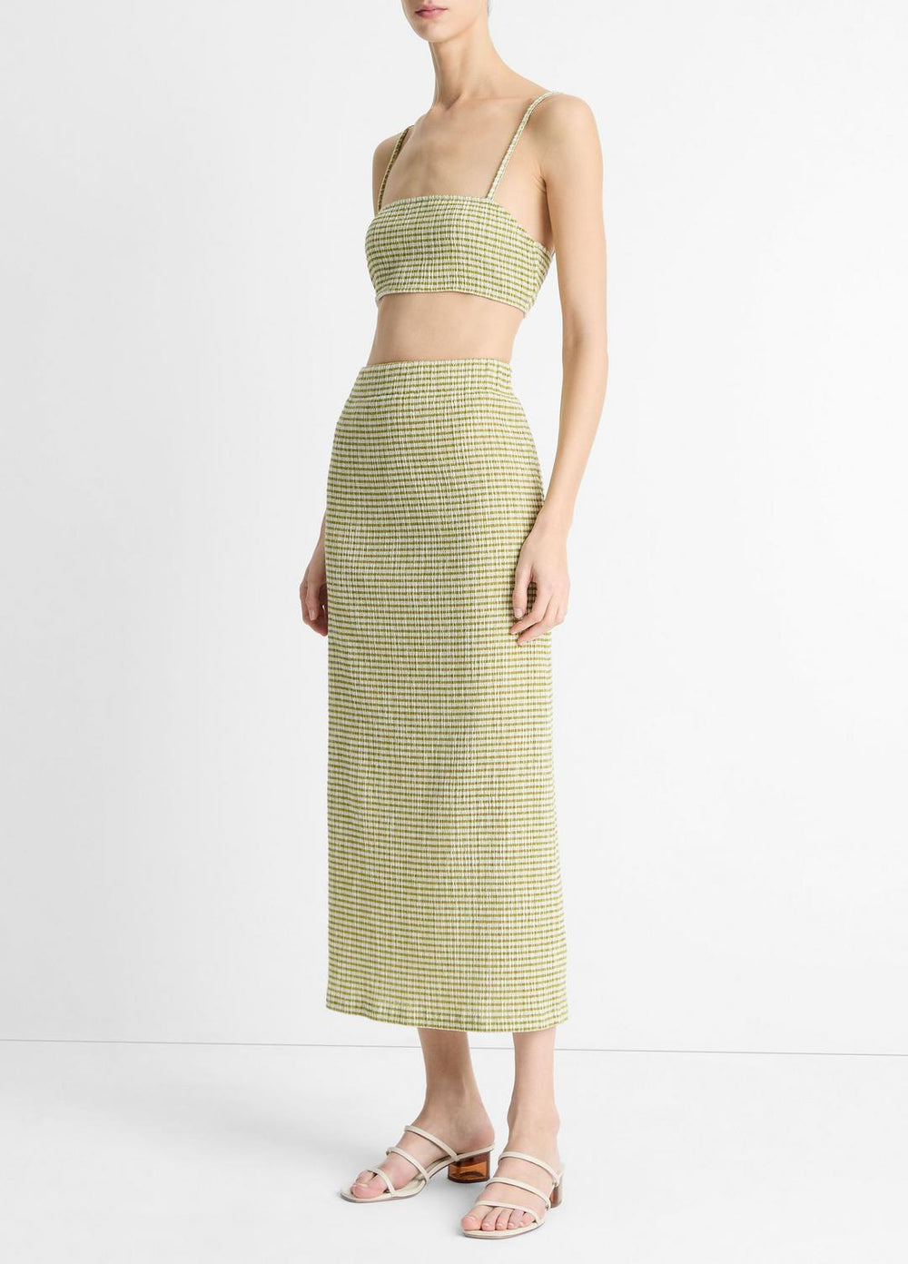 VINCE | Checked Smocked Midi Skirt in Dresses & Skirts - HERBARIA COMBO
