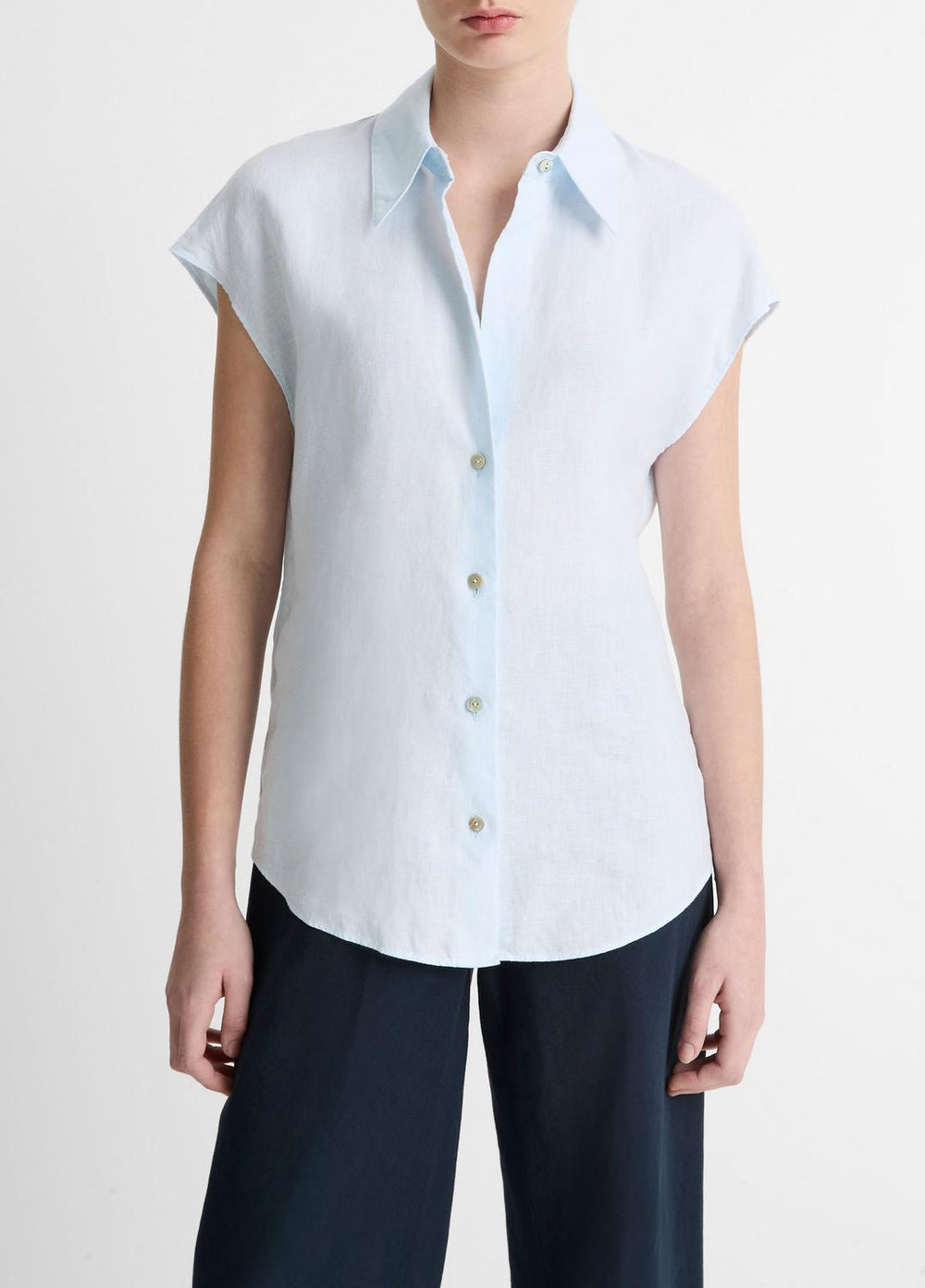 VINCE | Linen Cap-Sleeve Button-Front Blouse in Shirts & Tees - SKY MIST