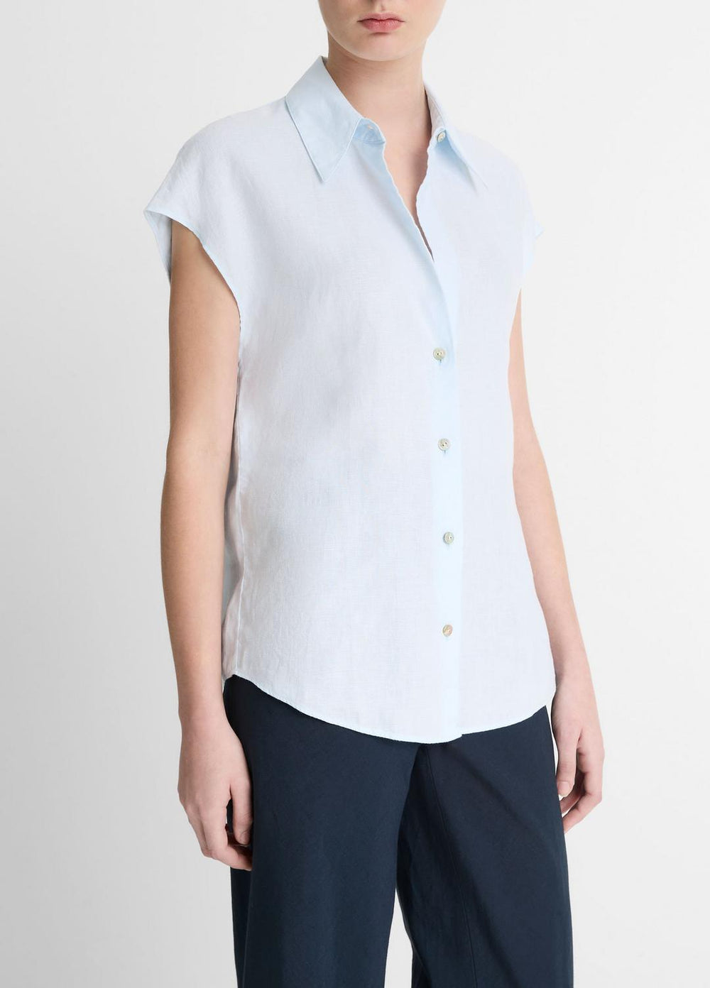 VINCE | Linen Cap-Sleeve Button-Front Blouse in Shirts & Tees - SKY MIST