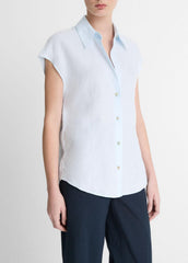 VINCE | Linen Cap-Sleeve Button-Front Blouse in Shirts & Tees - SKY MIST