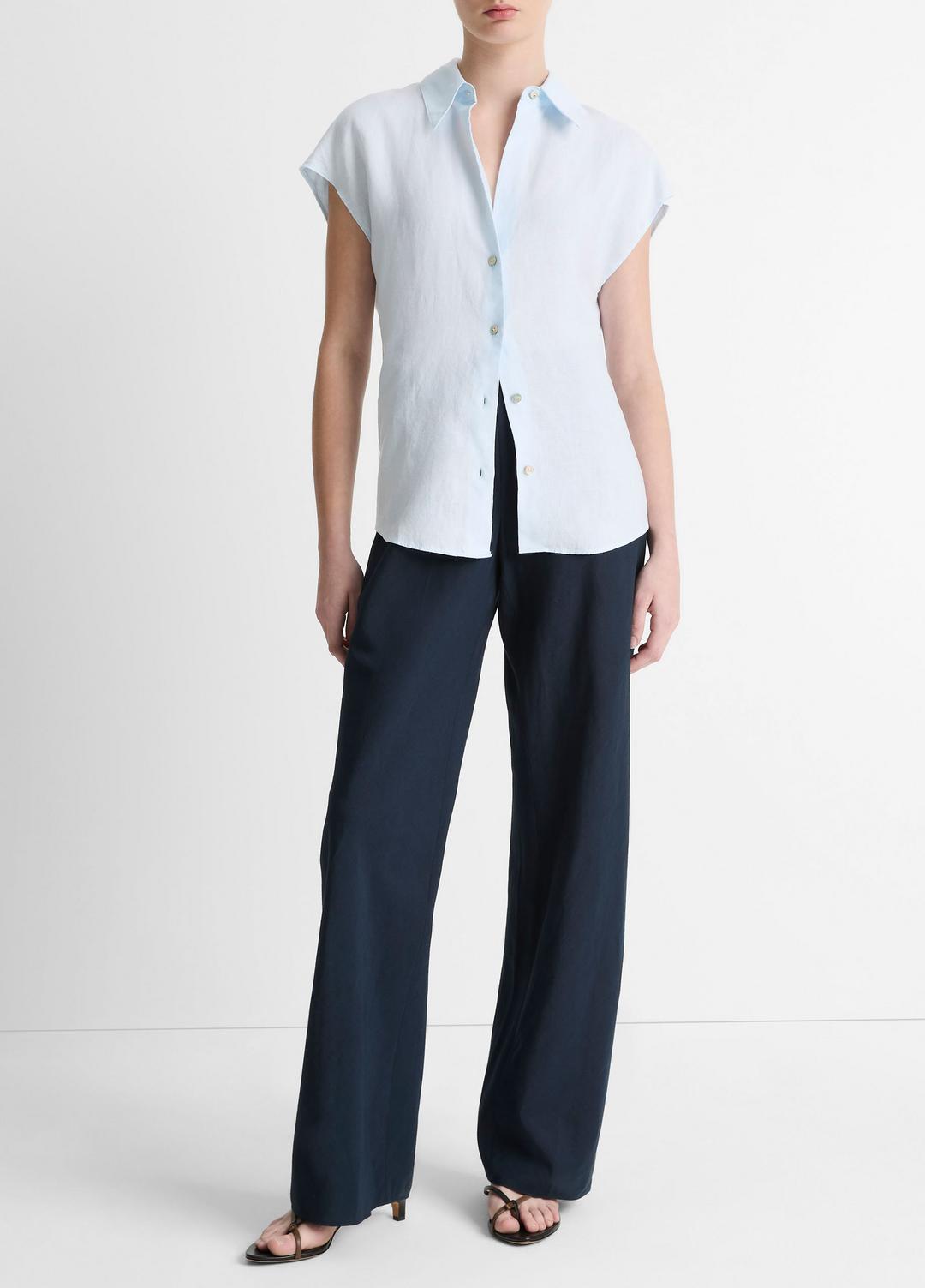 VINCE | Linen Cap-Sleeve Button-Front Blouse in Shirts & Tees - SKY MIST
