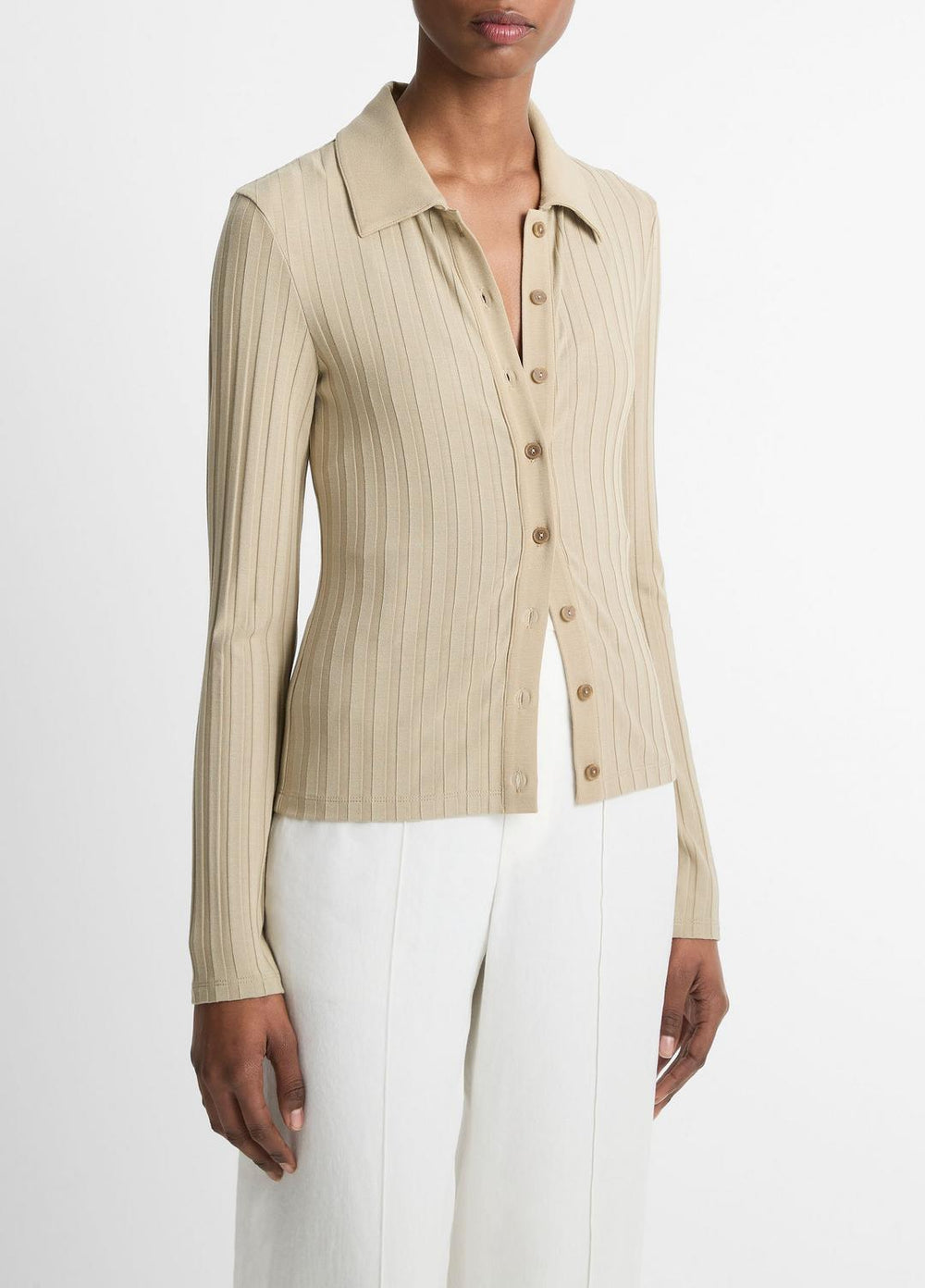 VINCE | Ribbed Collared Long-Sleeve Button-Front Top in Shirts & Tees - MOJAVE
