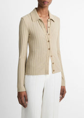 VINCE | Ribbed Collared Long-Sleeve Button-Front Top in Shirts & Tees - MOJAVE