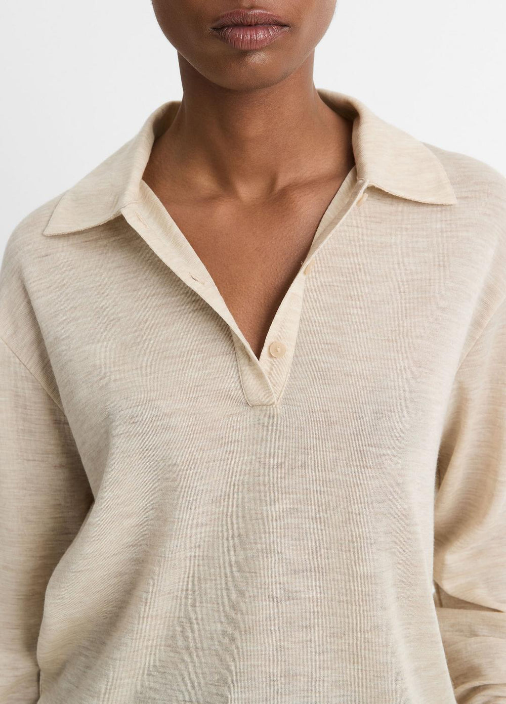 VINCE | Wool Relaxed Long-Sleeve Polo Shirt in Shirts & Tees - LIGHT HEATHER ECRU