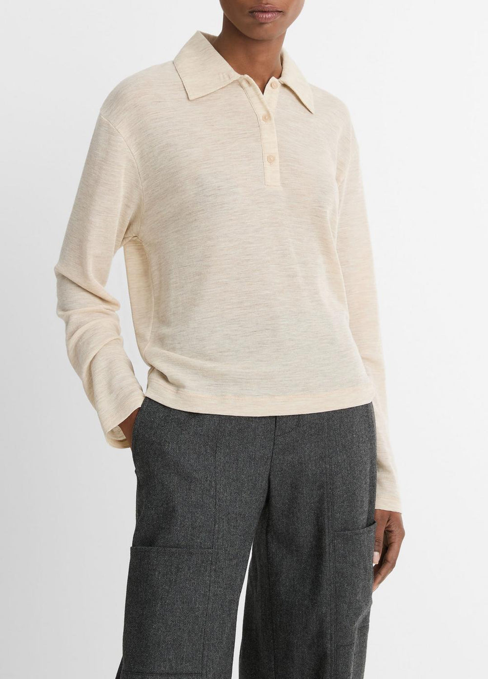 VINCE | Wool Relaxed Long-Sleeve Polo Shirt in Shirts & Tees - LIGHT HEATHER ECRU