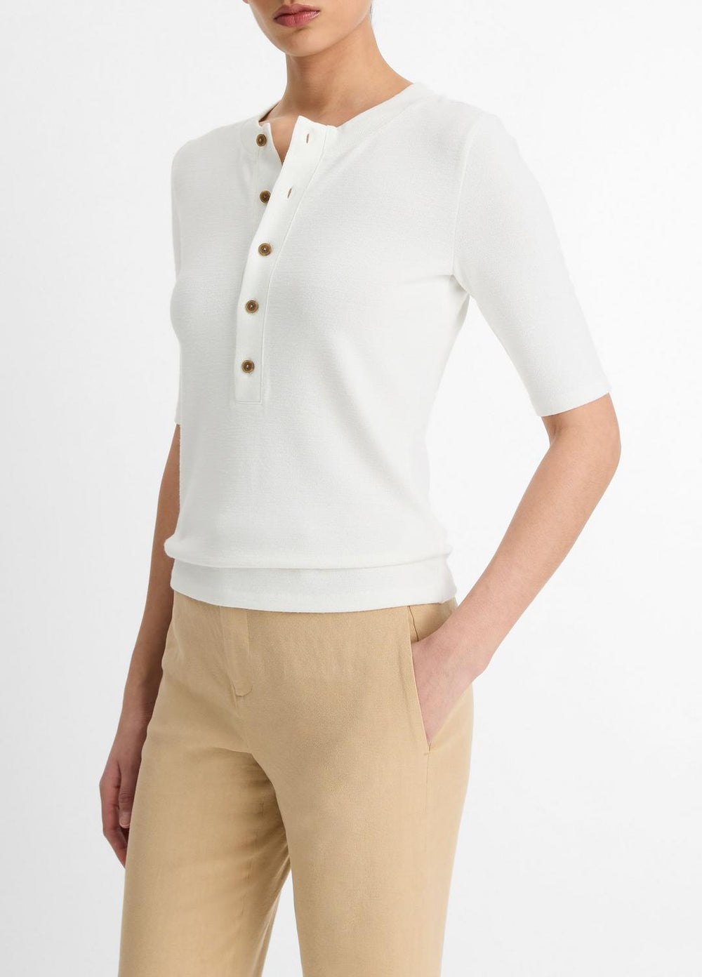 VINCE | Jersey Elbow-Sleeve Henley in Shirts & Tees - OFF WHITE